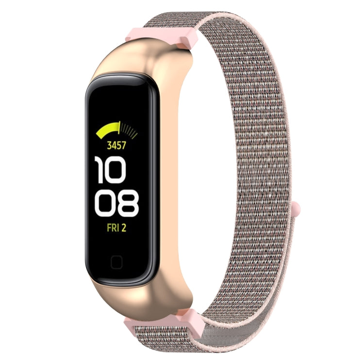 Nylon loop watch band for Galaxy Fit 2 with pink accents and rose-gold frame