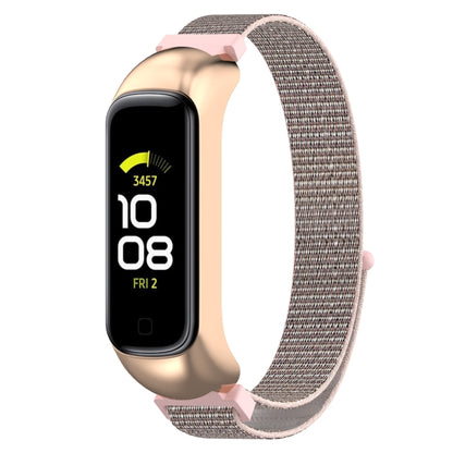 Nylon loop watch band for Galaxy Fit 2 with pink accents and rose-gold frame