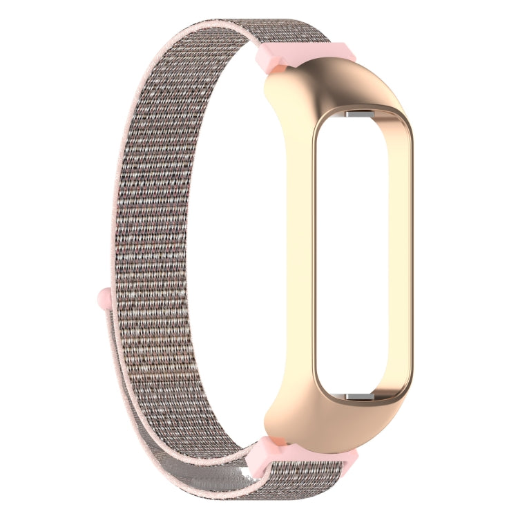 Nylon loop watch band for Galaxy Fit 2 with rose-gold frame and grey woven strap