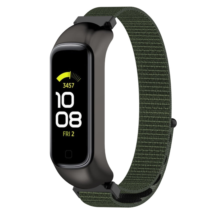 Nylon loop watch band for Galaxy Fit 2 with dark green woven strap and black frame