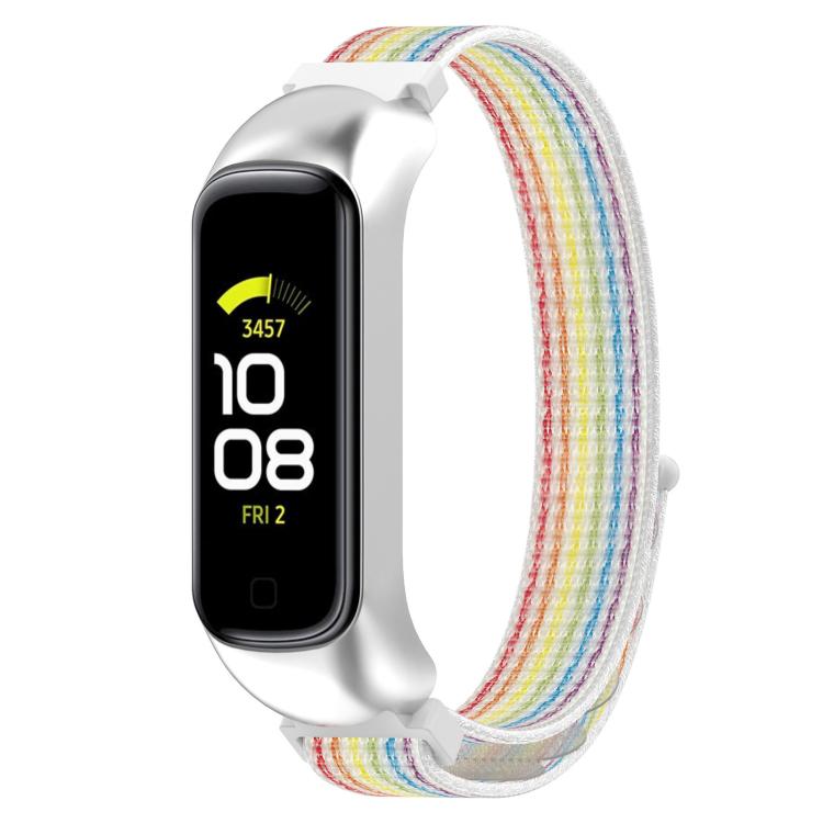 Nylon loop watch band for Galaxy Fit 2 with rainbow woven strap and silver frame