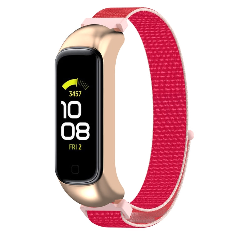 Nylon loop watch band for Galaxy Fit 2 with red woven strap and rose-gold frame