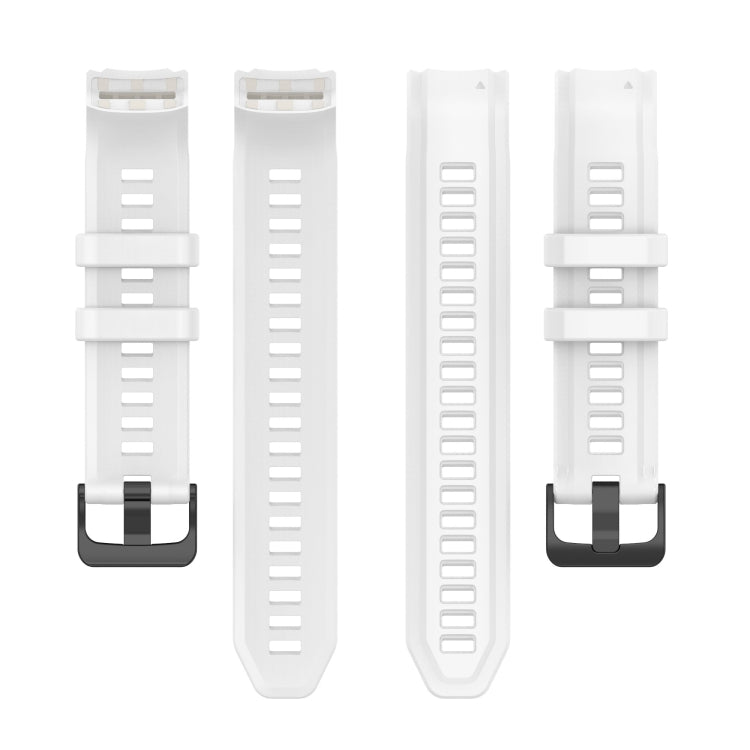 White silicone watch band in two views, with buckle and rowed ventilation holes