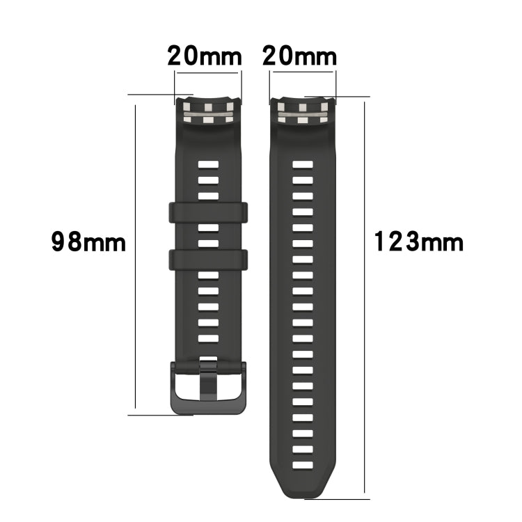 Silicone watch band size diagram with strap width and length measurements