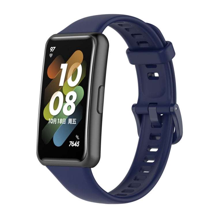 Silicone watch band with navy blue strap and buckle, secure adjustable loop