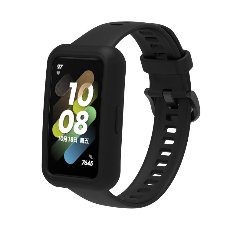 Black silicone adjustable watch band with square smartwatch display, side buckle strap
