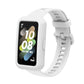 White silicone adjustable watch band with square smartwatch display and clasp strap