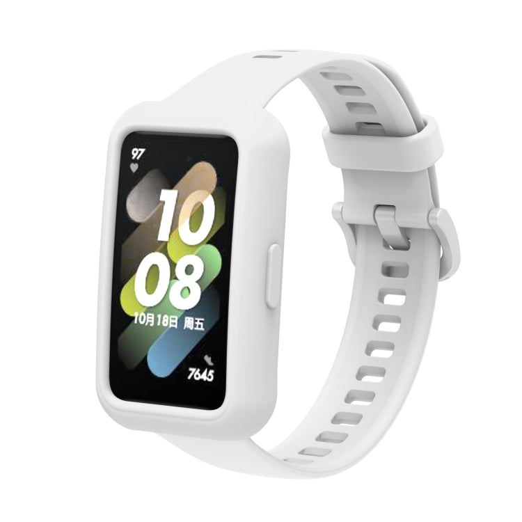 White silicone adjustable watch band with square smartwatch display and clasp strap