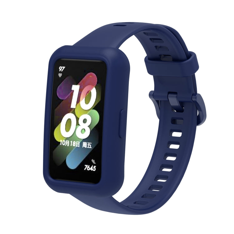 Navy blue silicone adjustable watch band with square smartwatch display and clasp strap