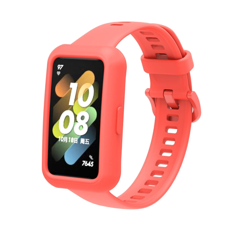 Coral red silicone adjustable watch band with square smartwatch display and clasp strap