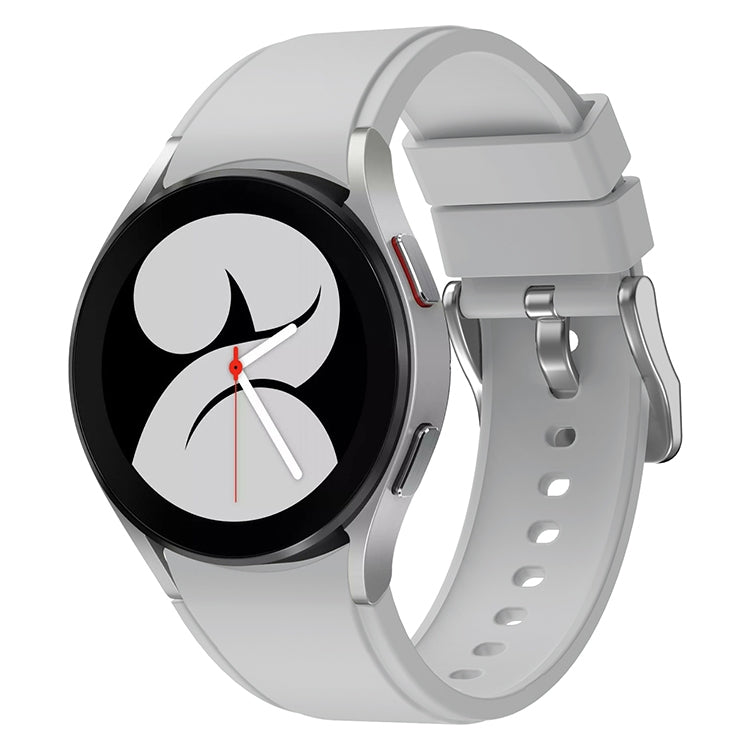 Light gray silicone watch band with metal buckle and multiple adjustment holes