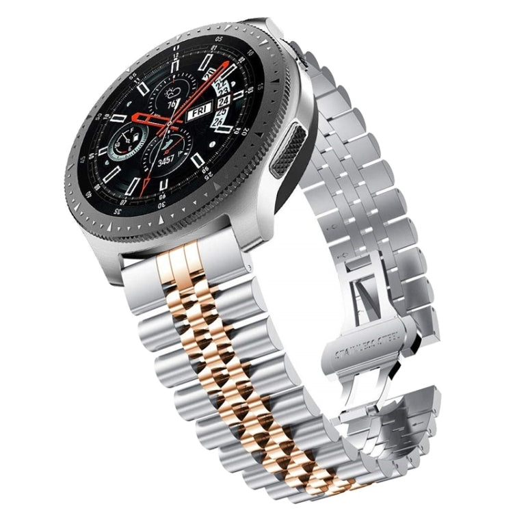 Five-bead stainless steel watch band with silver and rose-gold alternating links