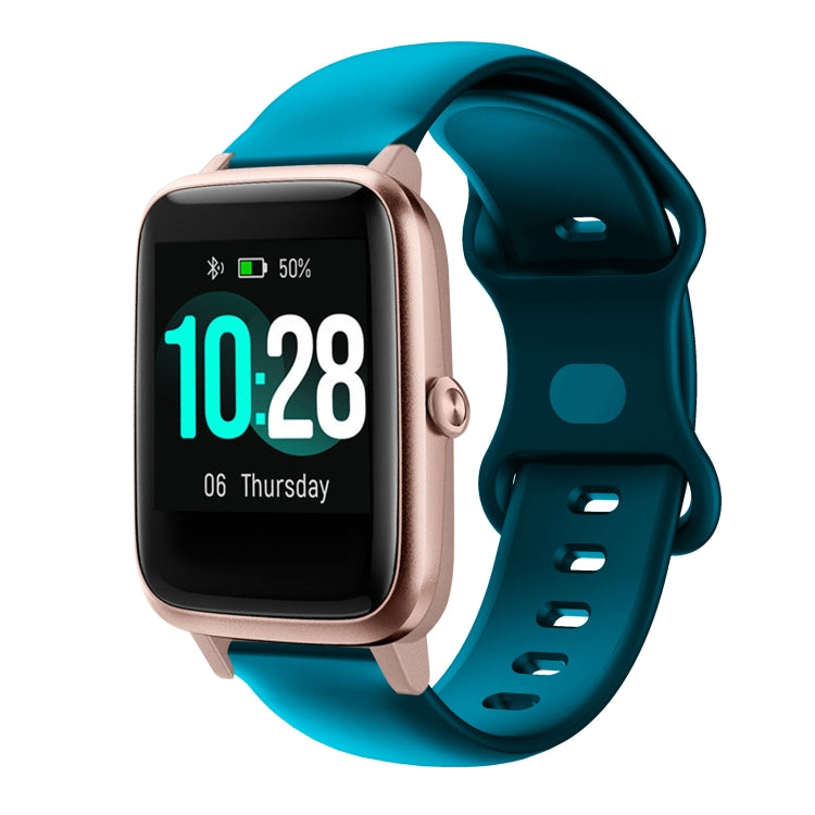 Silicone smartwatch band with butterfly buckle, teal blue strap