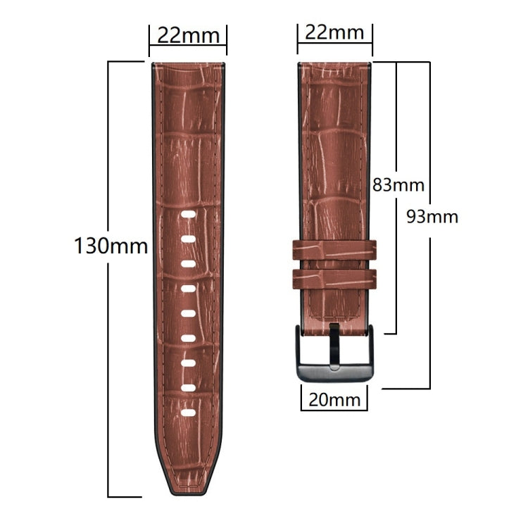 Brown textured silicone watch band size diagram with 22mm width and 130mm length