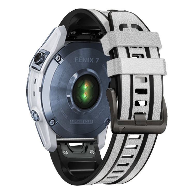 White silicone and leather quick-release watch band, side view on Garmin Fenix