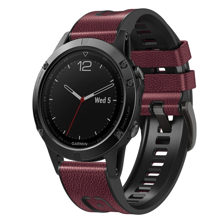 Wine red silicone and leather quick-release watch band for Garmin Fenix 7X