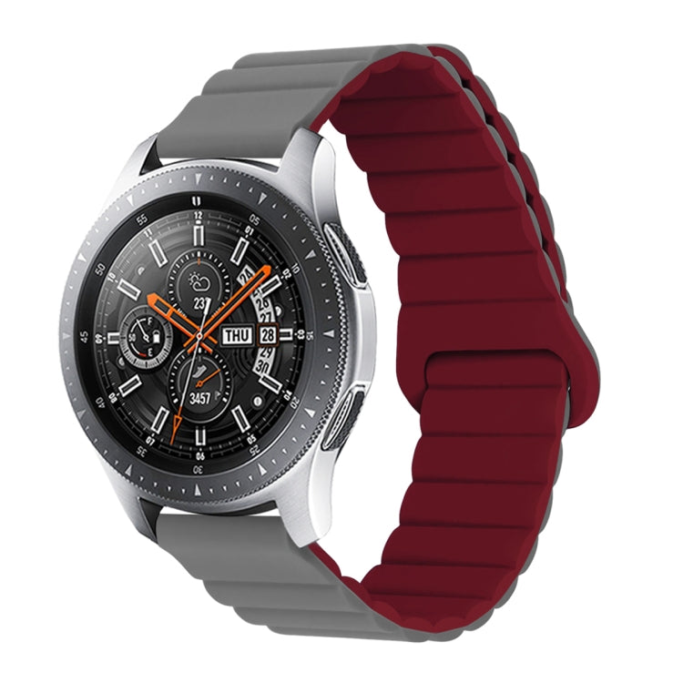 Grey and wine red two-tone silicone watch band with reverse buckle and magnetic clasp.