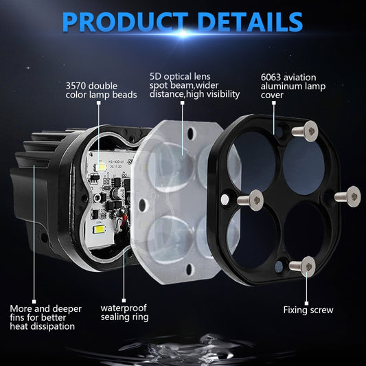LED car spotlight with front bezel and visible internal components, mounting screws