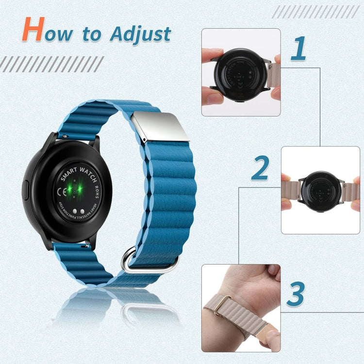 Magnetic buckle watch band with blue strap and metal clasp on a black smartwatch