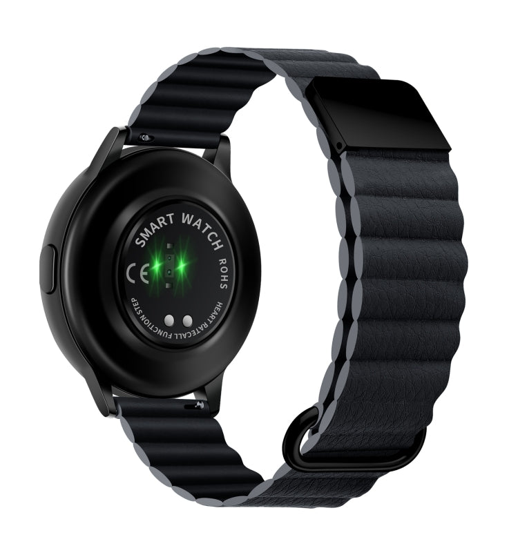 Black leather watch band with magnetic buckle, curved strap links and clasp end