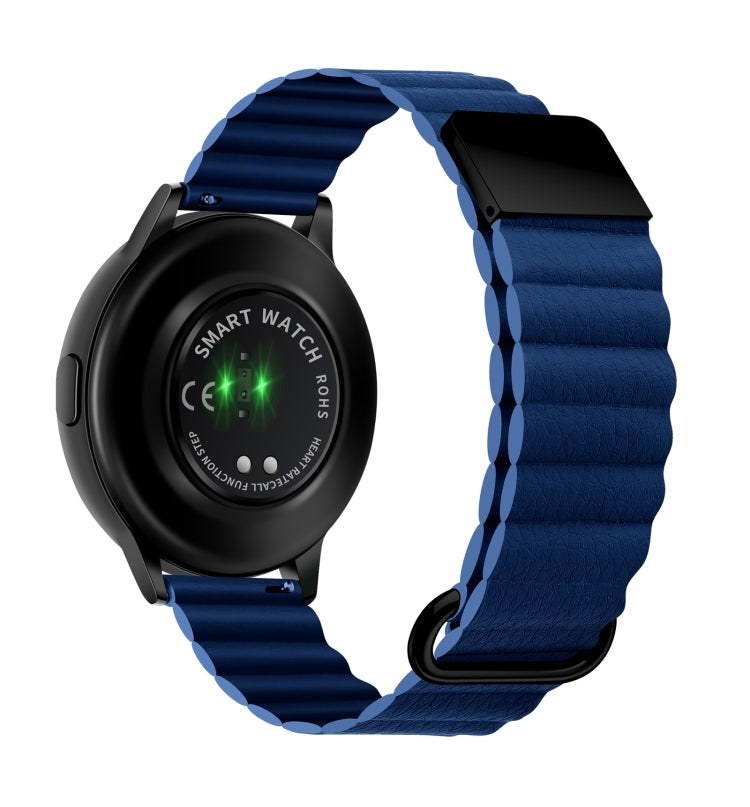 Midnight blue leather watch band with magnetic buckle and textured link rows