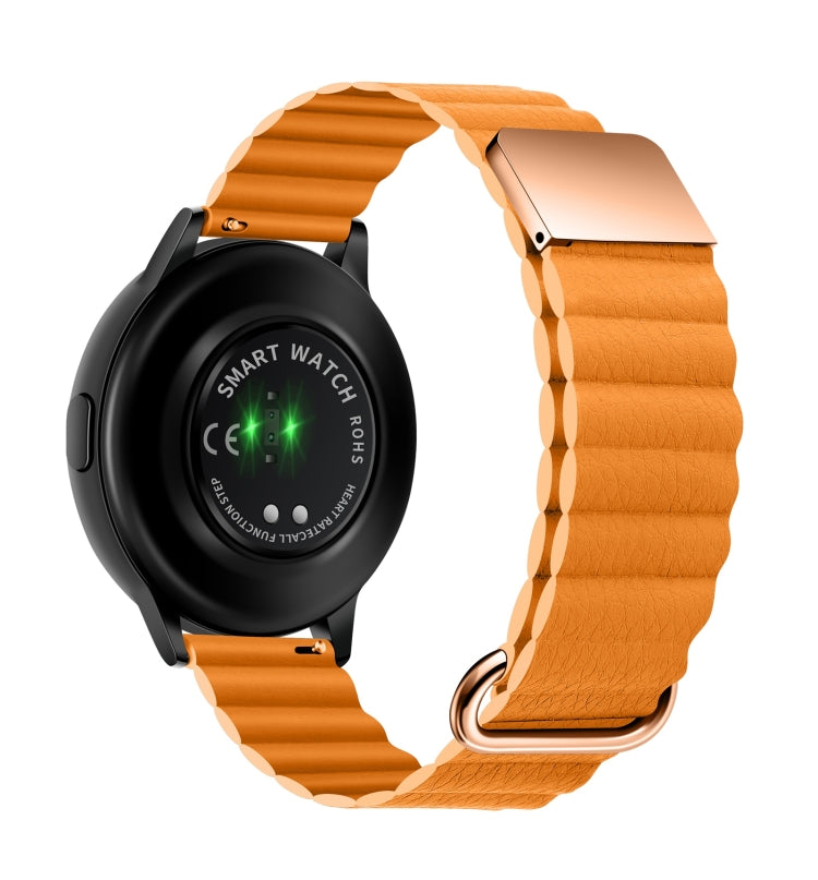 Leather watch band with magnetic buckle, orange color, clasp detail on wristwatch