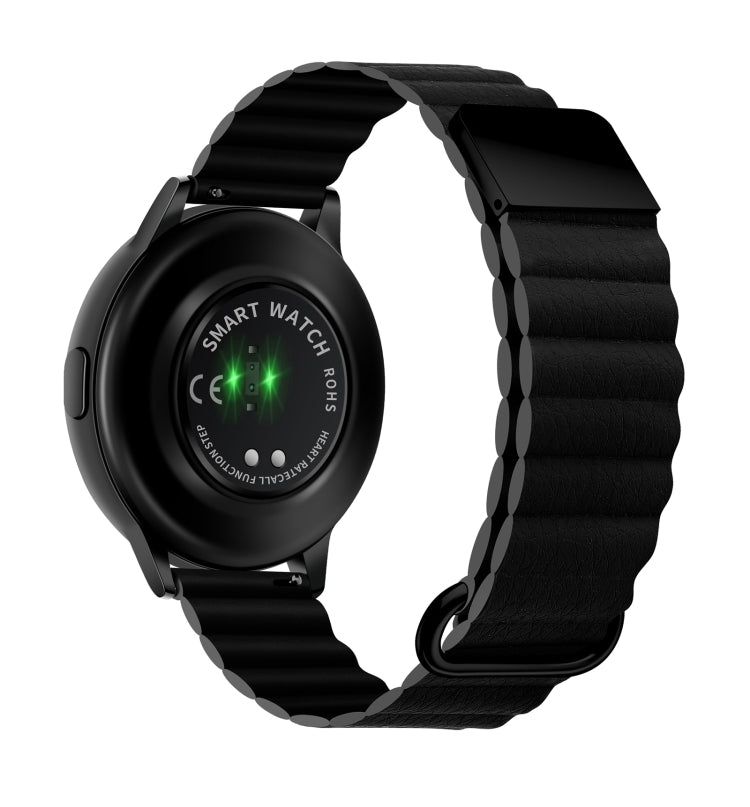 Leather magnetic buckle watch band with black leather strap and metal ring clasp