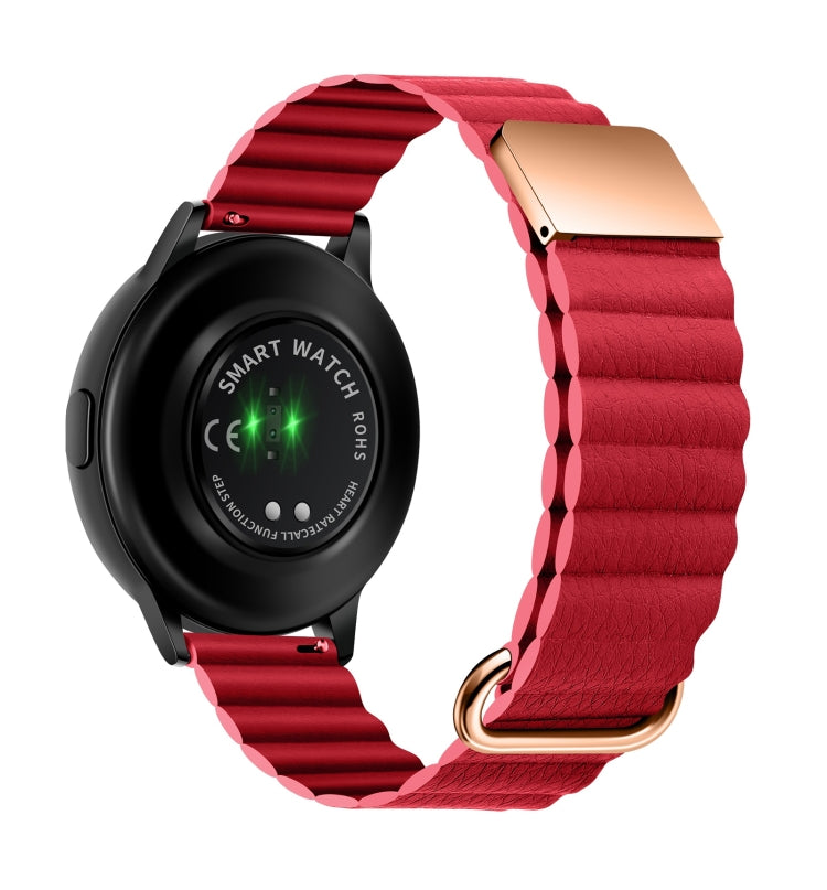 Red leather watch band with magnetic buckle, stitched link texture and clasp end