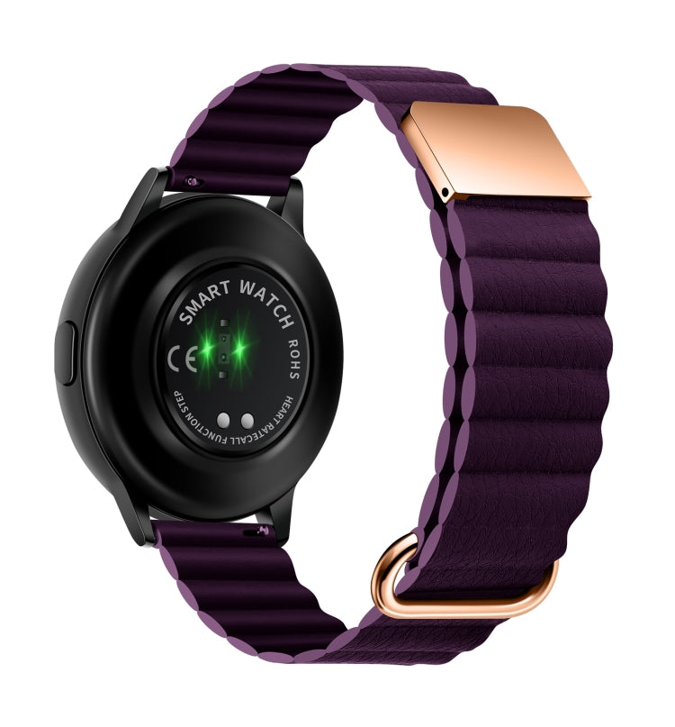 Purple leather watch band with magnetic buckle, rose-gold hardware and links