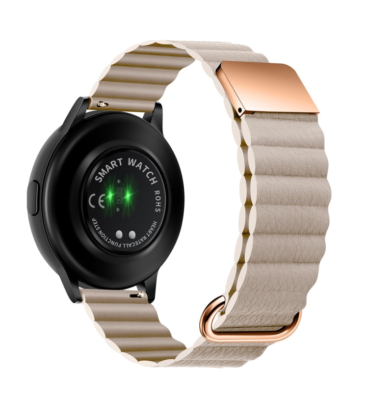 Beige leather watch band with magnetic buckle, rose-gold clasp and stitched links