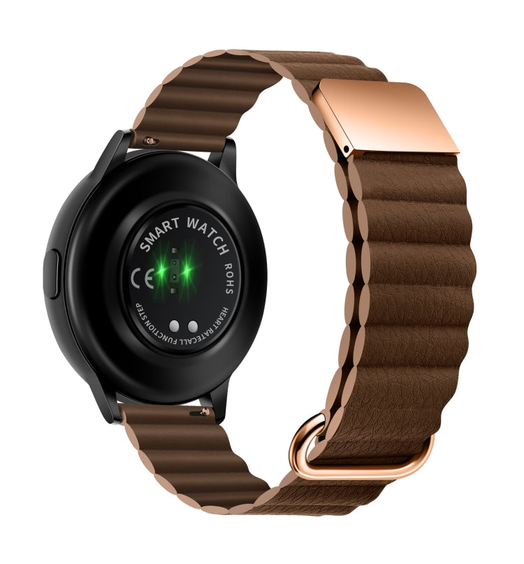 Leather watch band with magnetic buckle, brown color, front view on wristwatch