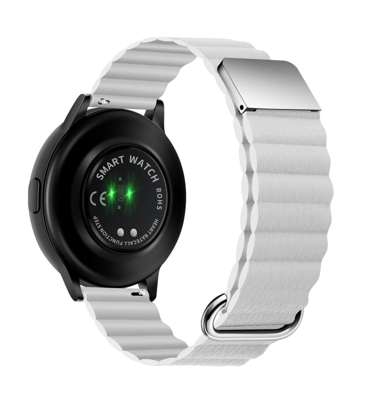 Magnetic buckle watch band with white strap and metal clasp, shown with a black smartwatch case