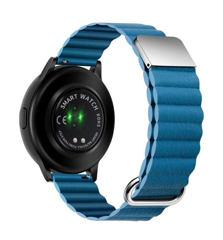 Magnetic buckle watch band with blue strap and metal clasp, shown with a black smartwatch case