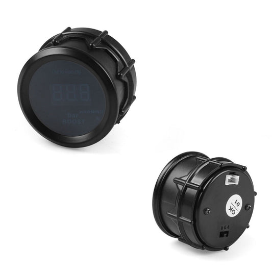 Black universal digital gauge set with DynoRacing face and rear connector, round 52mm