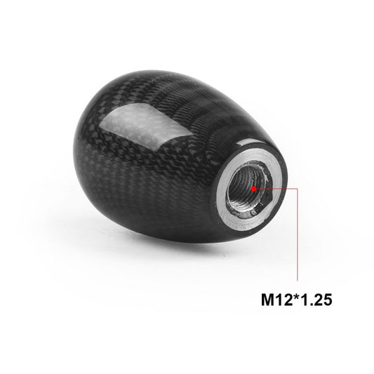 Black carbon fiber gear shift knob with threaded mounting hole end, size M12x1.25