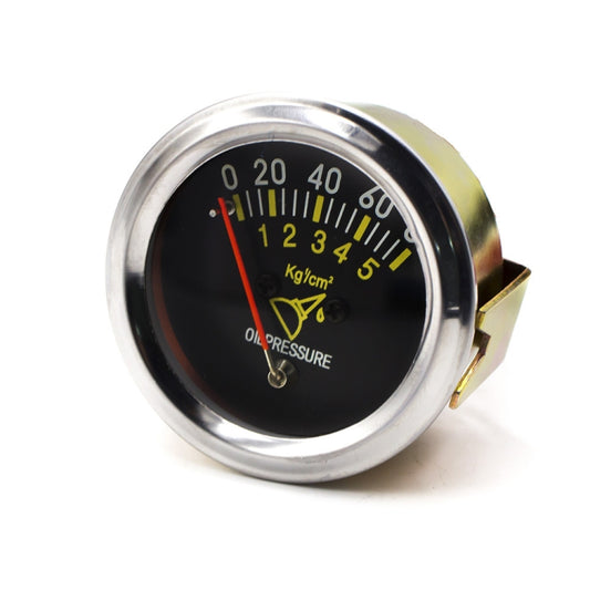 Mechanical oil pressure gauge with 52 mm chrome bezel, black face, red needle