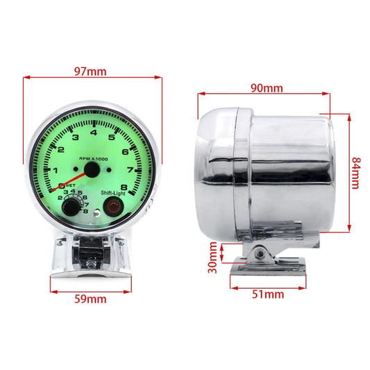 Car tachometer gauge with chrome bezel and metal mounting, size dimensions shown