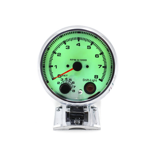 Car tachometer gauge with green backlit RPM scale, shift-light and mounting bracket