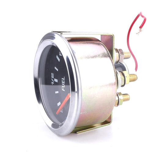 12V fuel gauge with chrome rim and mounting screws, black dial and orange needle