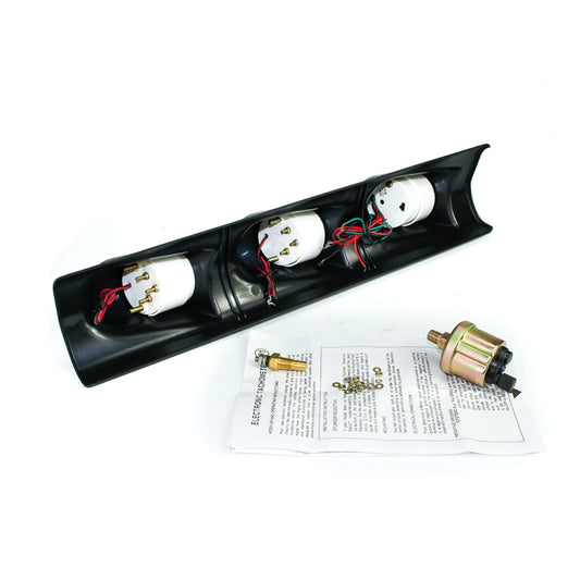 3-in-1 car gauge pod with three gauges and internal wiring, black mounting tray