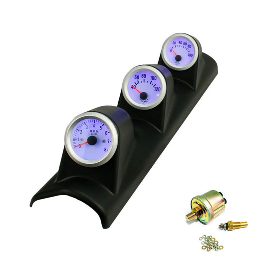 3-in-1 car gauge pod with tachometer, water temp, and oil pressure meters, black