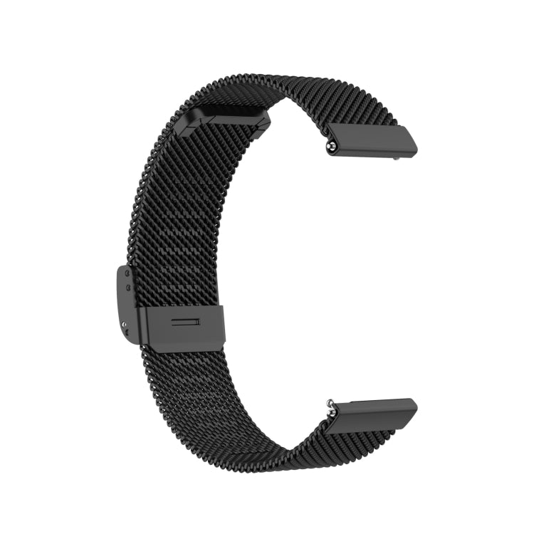 Black Milanese metal watch band with integrated buckle, arched back view.