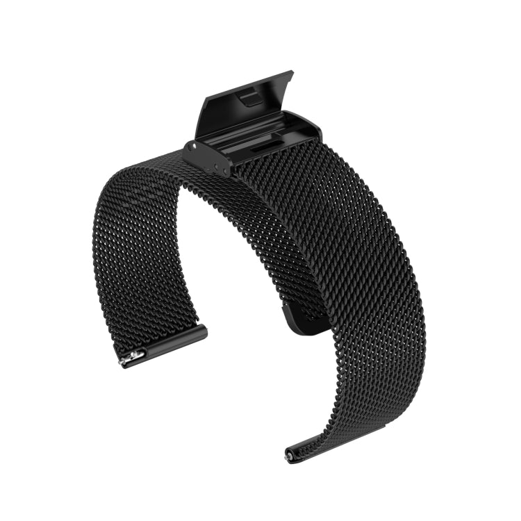 Black Milanese metal watch band with integrated buckle and adjustment loop visible.