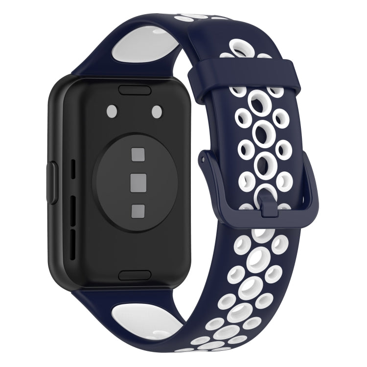 Two-color breathable silicone watch band with navy strap and white oval perforations