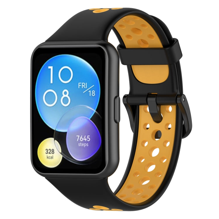 Two-color breathable silicone watch band with black strap and orange perforated underside