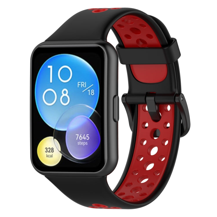 Two-color breathable silicone watch band with black strap and red perforated underside