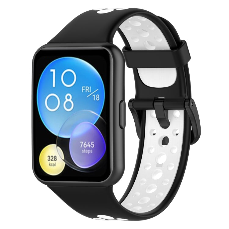 Two-color breathable silicone watch band with black strap and white perforated underside
