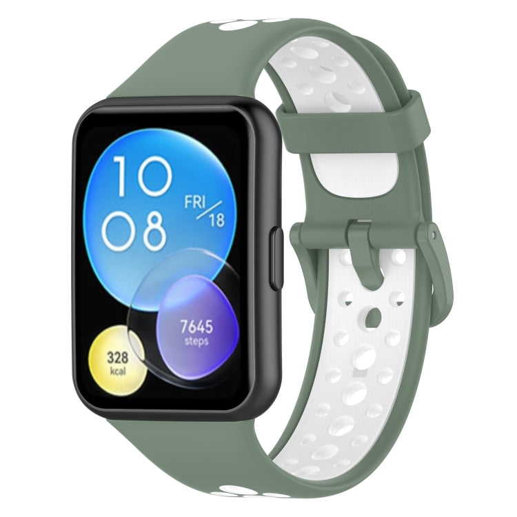Two-tone silicone watch band, olive green and white perforated strap, for Huawei Watch Fit 2