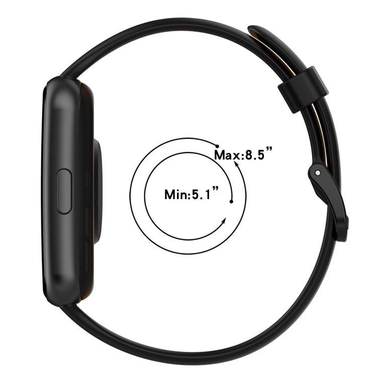 Black silicone smartwatch band with clasp, adjustable 5.1–8.5 in length range