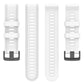Silicone twill watch band, white strap with metal buckle and multiple fit angles shown.